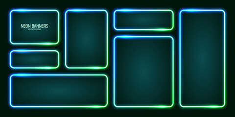 Wall Mural - glowing neon banners, illuminated colorful square frames. shiny vibrant border, glow effect. azure v