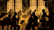 © Pillow Productions - An Art Deco illustration portrays the silhouette of a 1940s big band orchestra performing with their instruments in a smoky room.