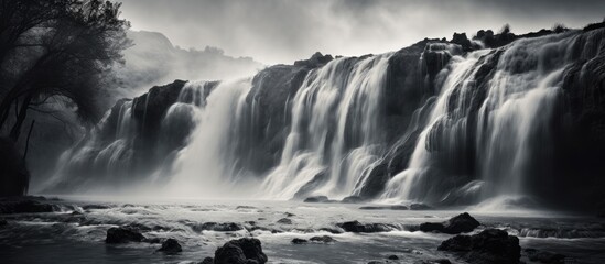 Sticker - A captivating black and white photo showcasing a majestic waterfall flowing down a mountain amidst a natural landscape with the sky and clouds above