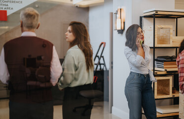 Canvas Print - Thoughtful woman in casual business attire on phone while colleagues converse in the background of a stylish office space.