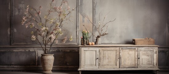 Sticker - A room with a hardwood dresser displaying a flowerpot with a beautiful vase of flowers on top, bringing a touch of nature into the building