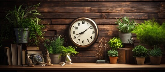 Wall Mural - A clock is mounted on a hardwood wall adorned with potted houseplants, creating a charming display of nature and time in the room