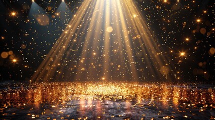 Wall Mural - golden confetti rain on festive stage with light beam in the middle empty room at night mockup with copy space for award ceremony jubilee new year s party or product presentations 