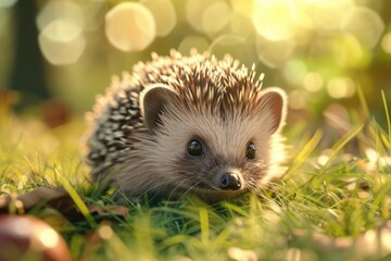 Wall Mural - Cute baby hedgehog closeup on grass.