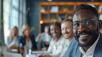 Wall Mural - diverse business colleagues gather in boardroom brainstorm discuss financial statistics together  wide shot long shot depth of field focuses on the genuine smile 