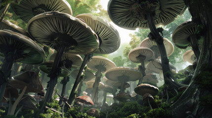 Fantasy illustration of giant mushrooms in an enchanted forest.