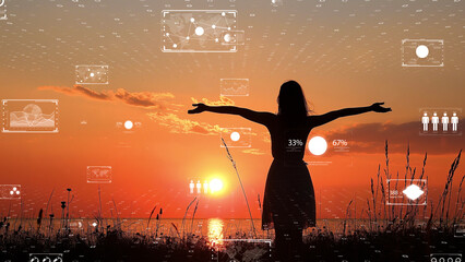 Silhouette of a person with open arms at sunset, digital interface elements overlaying a serene seascape.