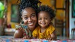 african mother and her child daughter are playing at home family holiday and togetherness  wide shot long shot depth of field focuses on the genuine smile 