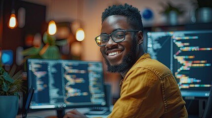 Wall Mural - programmers cooperating at it company developing apps people business work office concept  wide shot long shot depth of field focuses on the genuine smile 