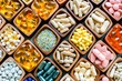 A close-up view of various dietary supplements and vitamins in capsule and tablet forms.