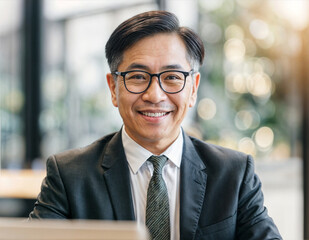 Poster - A man wearing a suit and tie is smiling for the camera. He is wearing glasses and he is confident and happy