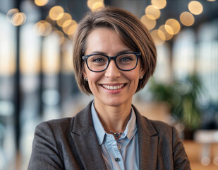 Wall Mural - A woman wearing glasses and a suit is smiling for the camera