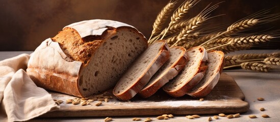 Sticker - A staple food item, a loaf of bread made from gluten, sits on a wooden cutting board next to wheat ears. Baked goods are commonly used ingredients in various cuisines and dishes