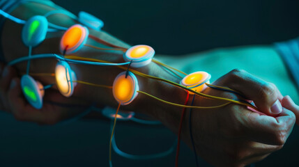 Wall Mural - A close up of a persons arm with several cups attached indicating potential pain relief in the arm muscles.