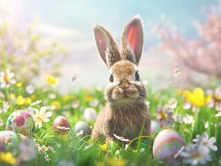 Wall Mural - Happy easter bunny in easter meadow with eggs