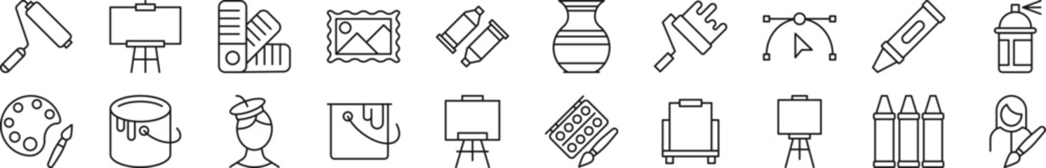 Poster - Set of line icons of artist. Editable stroke. Simple outline sign for web sites, newspapers, articles book