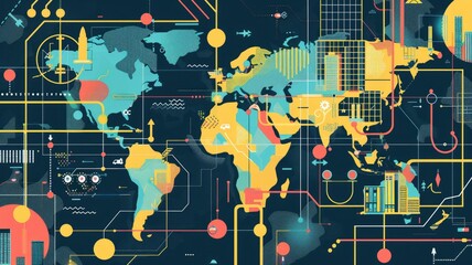 Poster - Complex abstract world map network graphic - Graphic illustration of a complex network mesh across a colorful world map depicting globalization and connectivity in a digital era