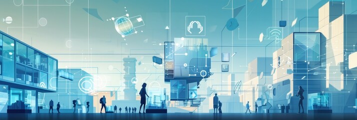 Poster - Futuristic city with digital network - Impressive cityscape showcasing a futuristic vision of urban life and technology