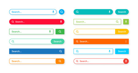 Fototapete - Colorful search bar templates. Internet browser engine with search box, address bar and text field. UI design, website interface element with web icons and push button. Vector illustration