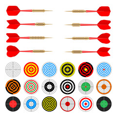 Wall Mural - Paper targets with dart arrows. Shooting range round target, divisions, marks and numbers. Gun shooting practise and training, sport competition, hunting. Bullseye and aim. Vector illustration