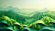 An artistic depiction of a stylized green landscape with rolling hills, trees, and a serene sky.