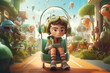 An imaginative 3D render of a young child with curly hair and aviator headphones, sitting in a futuristic chair, with a whimsical urban landscape and floating balloons in the background