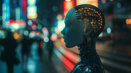 Poster - Artificial Intelligence Humanoid in Urban Setting - A realistic humanoid AI robot stands before a blurred urban backdrop, reflecting advanced technology in modern society