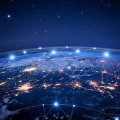 Poster - Connected World Concept with Interactive Network - Illustration of an interconnected world, symbolizing global communication and international collaboration across continents