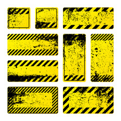 Wall Mural - Various yellow grunge warning signs with diagonal lines. Old attention, danger or caution sign, construction site signage. Realistic notice signboard, warning banner, road shield. Vector illustration