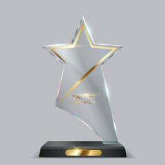 Wall Mural - Award trophy of clear acryl with golden star realistic vector illustration. Contest winner appreciation 3d model on light background