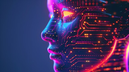 Poster - Digital human face profile with tech circuitry design - A side profile of a digital human face lit with intricate electronic circuit patterns signifies connectivity