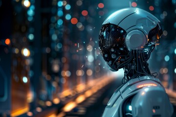 Poster - Futuristic robot head with glowing elements - This image showcases a highly detailed robot head with shiny metal and illuminated elements against a blurred city background