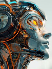 Poster - Complex robot head with orange eye detail - A high-definition image of a robot head, focusing on the complex structures and an orange eye exhibiting profound depth
