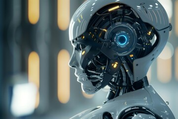 Poster - Side profile of an advanced humanoid robot - Sophisticated humanoid robot with elaborate circuitry and blue eye, showcasing the intersection of humanity and technology