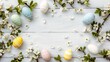 closeup white wooden table easter eggs flowers confucius jury trial magical items impactful graphic design scattered props loosely cropped