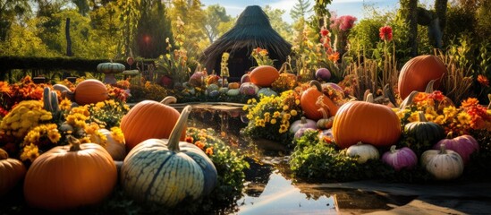 Poster - A group of calabazas are peacefully resting on the grass in a natural garden landscape. They are a healthy whole food filled with water and nutrients