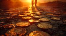 Glowing Coins On Sunset Road Leading To Silhouette Of A Person