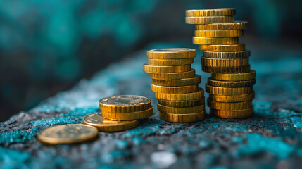 Wall Mural - Stacked Coins on Rustic Surface Signifying Financial Growth