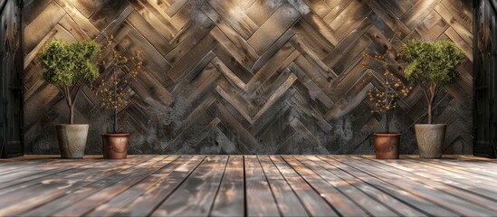 Canvas Print - Hardwood flooring with pots of plants lined up in front of a wooden wall, creating a natural landscape with trees and grass in the background