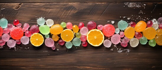 Sticker - A row of colorful fruits and candy on a wooden table, surrounded by petalshaped accessories and vibrant magenta flowers. The event decor resembles a circle of art and fashion accessories