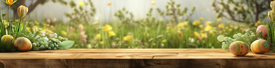 Aufkleber - A wooden product display top with an Easter background of painted eggs and green grass and meadows.