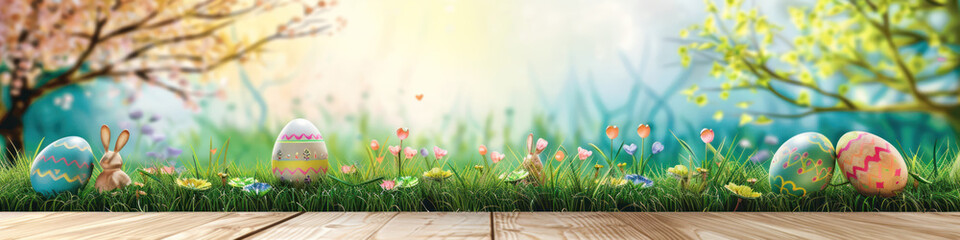 Aufkleber - A wooden product display top with an Easter background of painted eggs, rabbit and green grass and meadows.