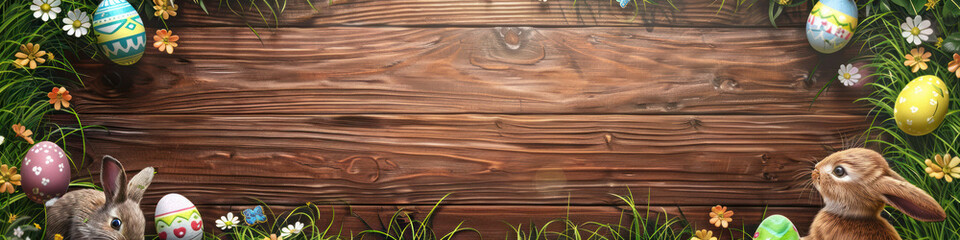 Aufkleber - A wooden product display top with an Easter background of painted eggs, rabbit and green grass and meadows.