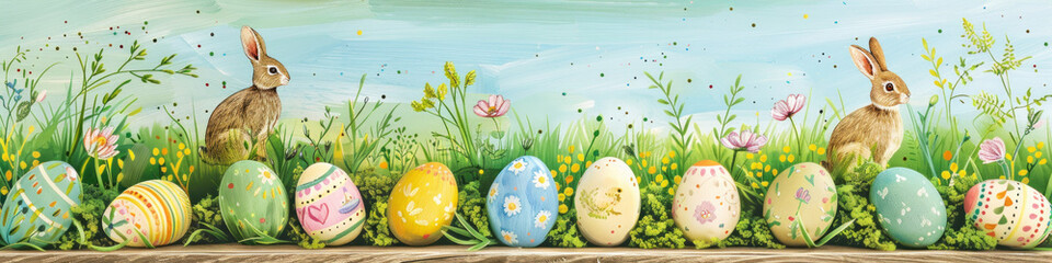 Aufkleber - A wooden product display top with an Easter background of painted eggs, rabbit and green grass and meadows.
