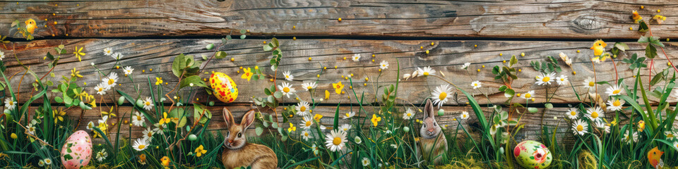 Aufkleber - A wooden product display top with an Easter background of painted eggs, rabbit and green grass and meadows.