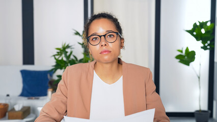Poster - black woman talking to camera. Video calling. Online meeting.