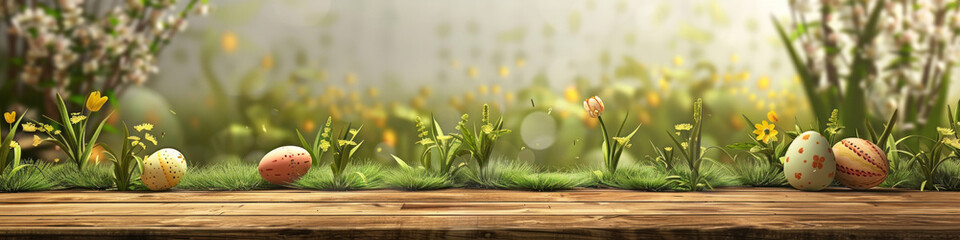 Aufkleber - A wooden product display top with an Easter background of painted eggs and green grass and meadows.