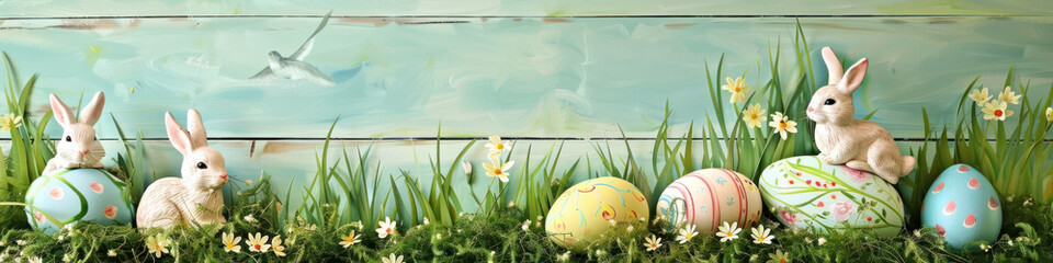 Aufkleber - A wooden product display top with an Easter background of painted eggs, rabbit and green grass and meadows.
