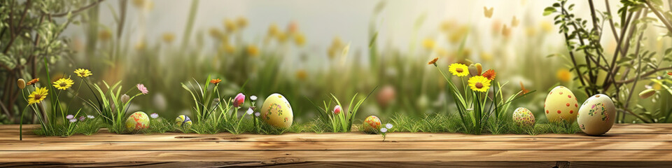 Aufkleber - A wooden product display top with an Easter background of painted eggs and green grass and meadows.