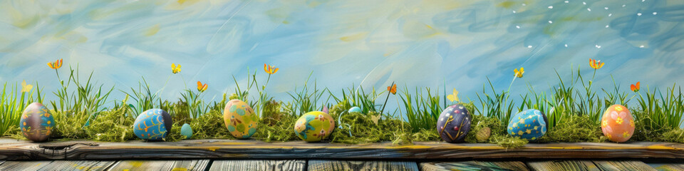 Aufkleber - A wooden product display top with an Easter background of painted eggs and green grass and meadows.